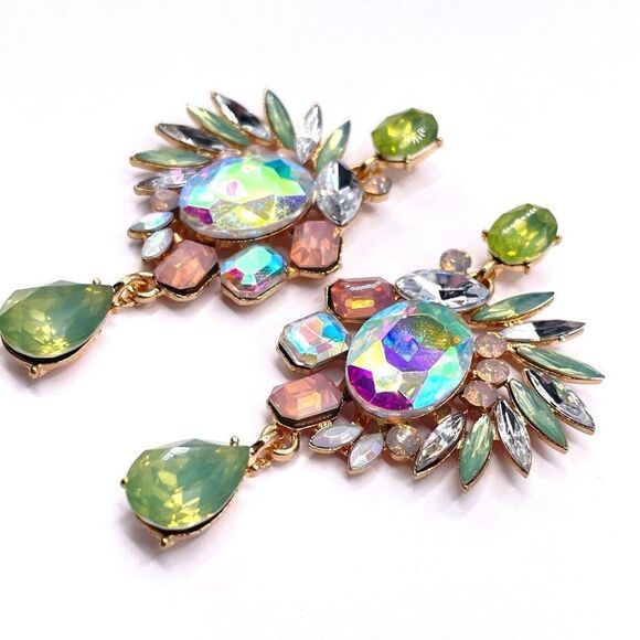 Yellow Gold with Multicolor Pastel Crystal Art Deco Style Post Back Earrings - Picture 3 of 6